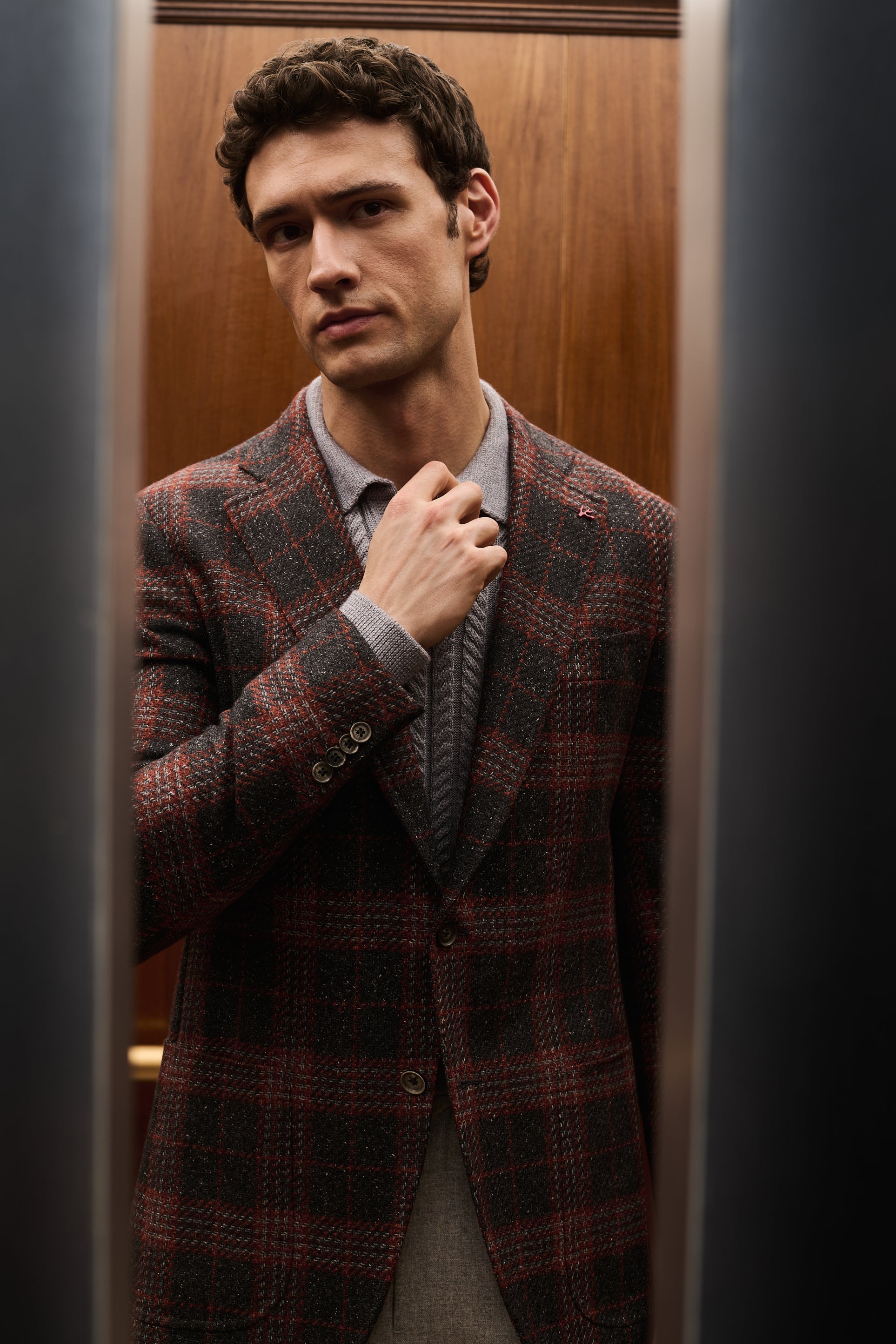 ISAIA Made to Measure: red and brown check jacket with grey sweater