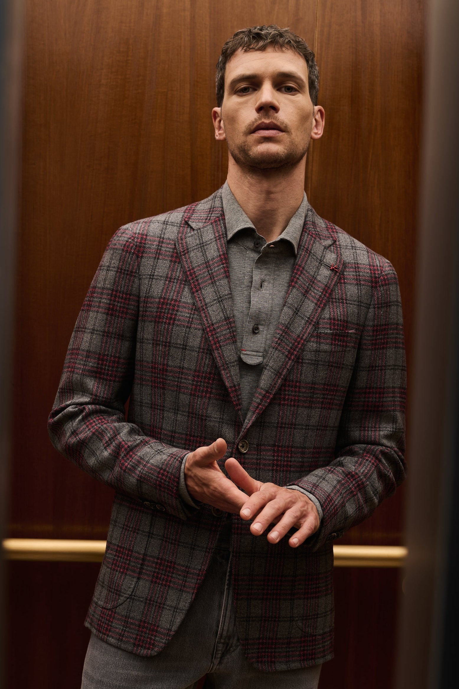 ISAIA Made to Measure: grey and burgundy check jacket with grey shirt and trousers