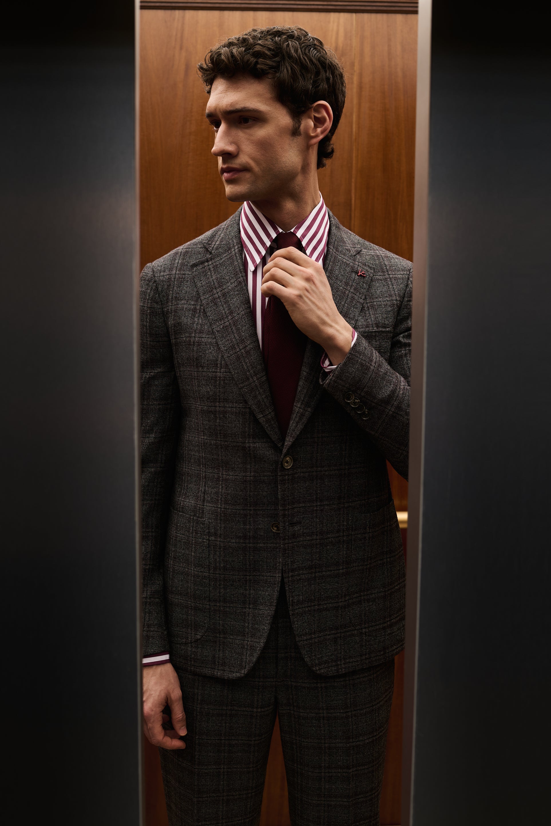 ISAIA Made to Measure: grey check suit with pink striped shirt and burgundy tie