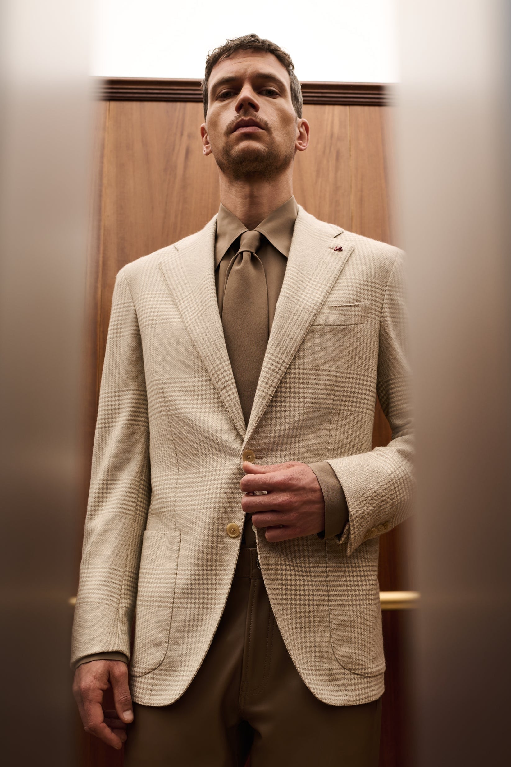 ISAIA Made to Measure: ivory check jacket with taupe shirt, tie and trousers