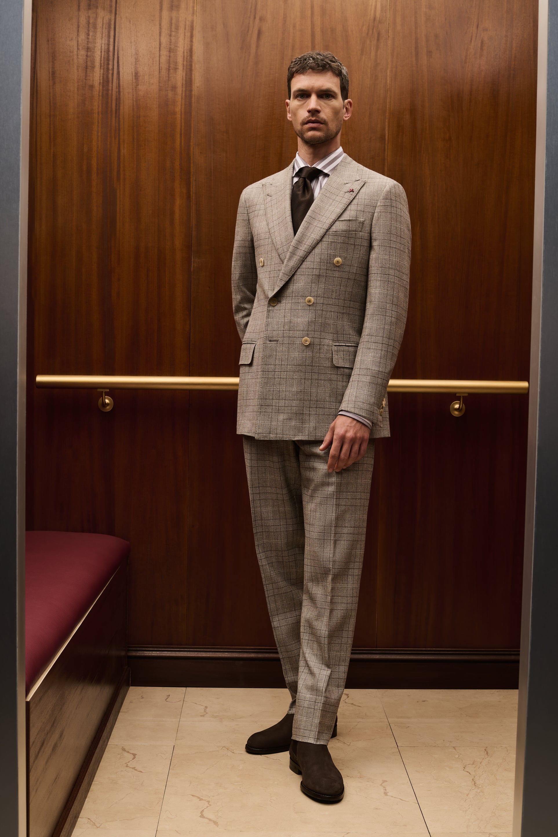 ISAIA Made to Measure: grey Prince of Wales check double-breasted suit with brown tie