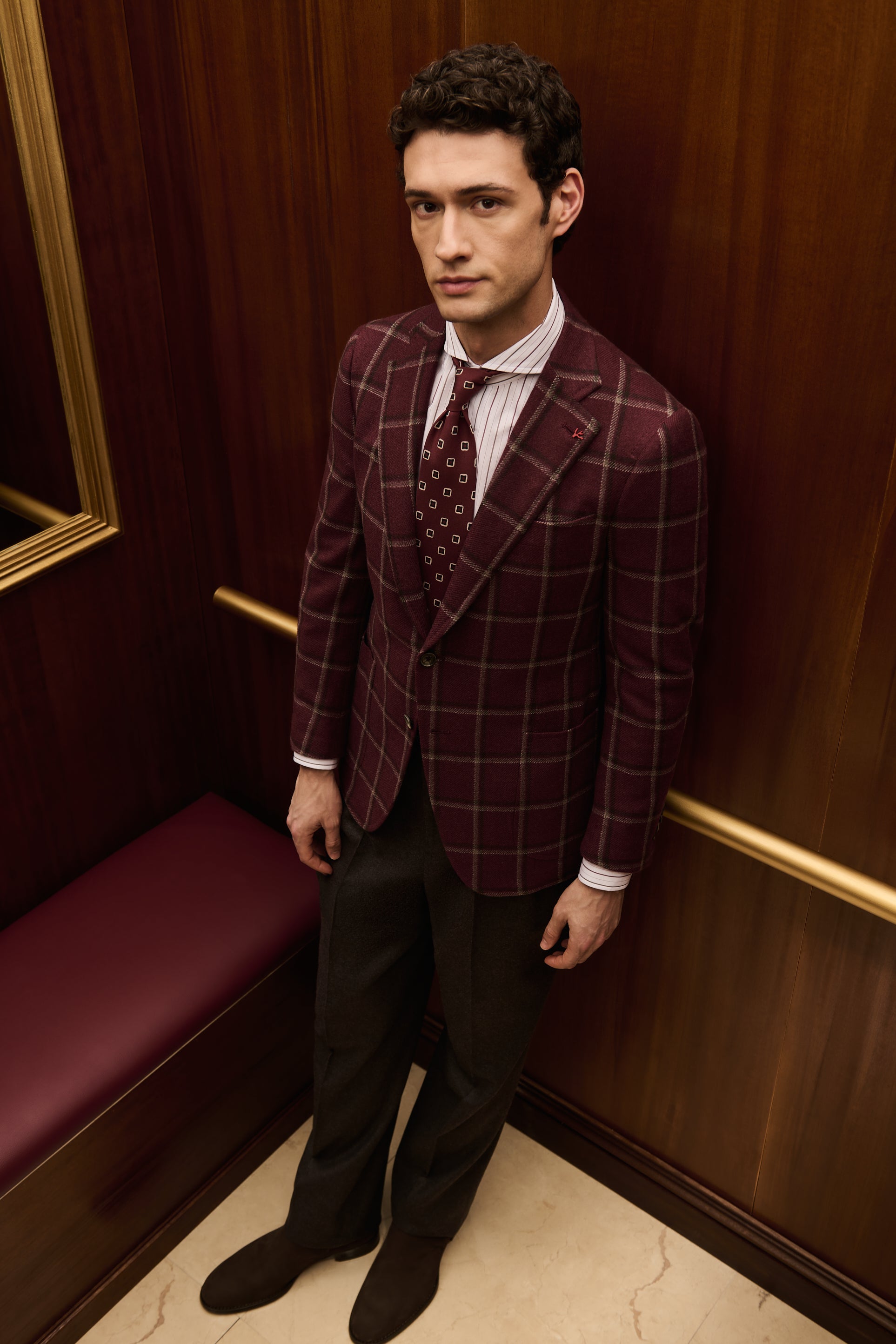 ISAIA Made to Measure: burgundy windowpane check jacket with striped shirt and patterned tie