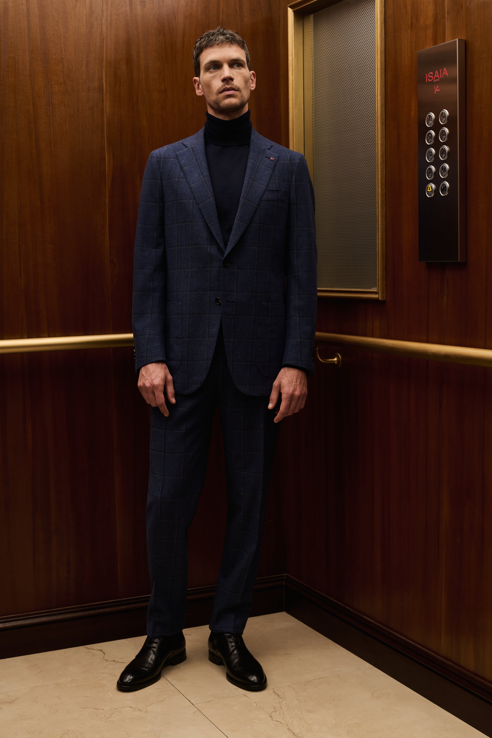 ISAIA Made to Measure: navy check suit with navy rollneck