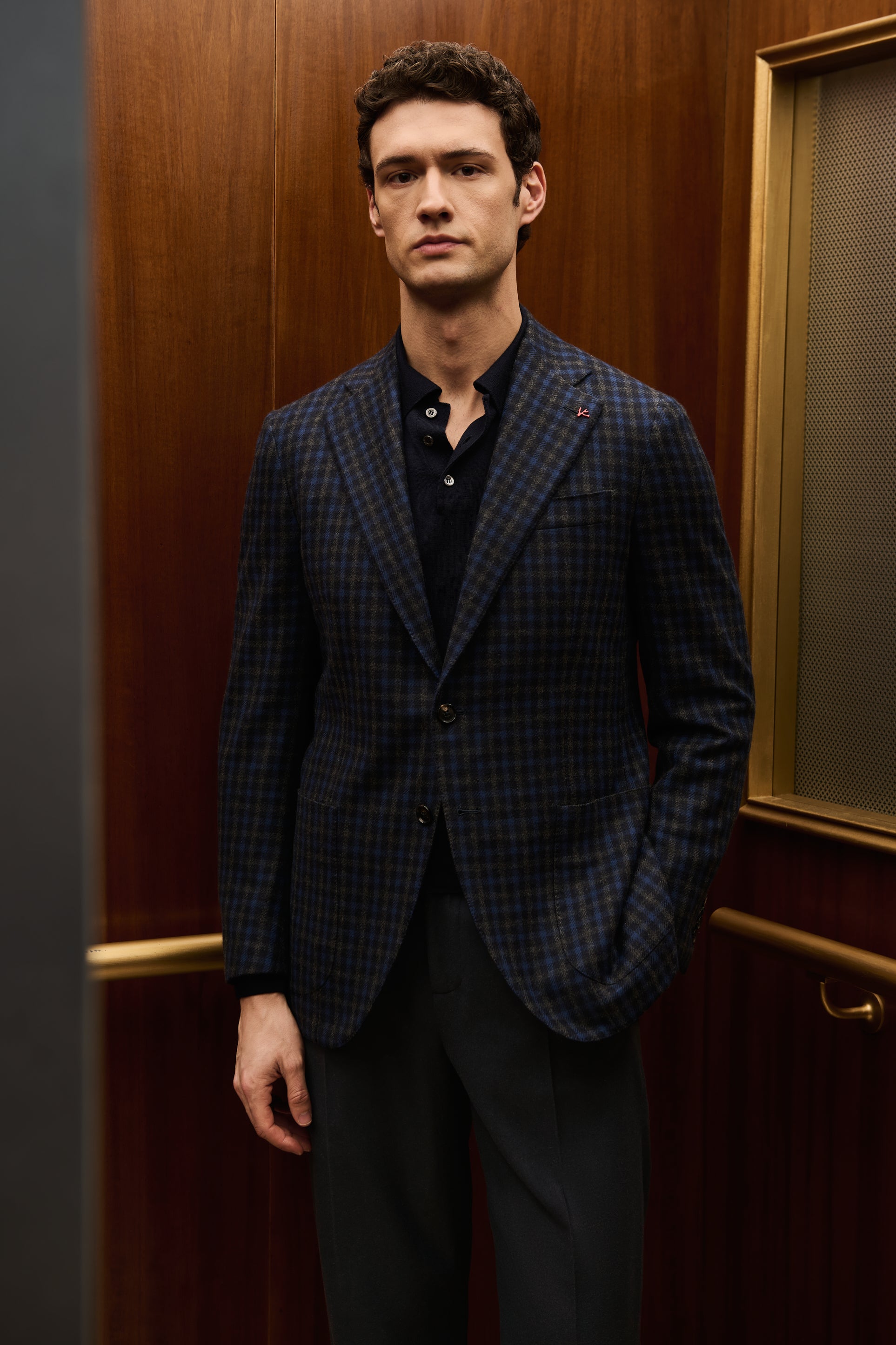 ISAIA Made to Measure: navy check jacket with navy polo shirt