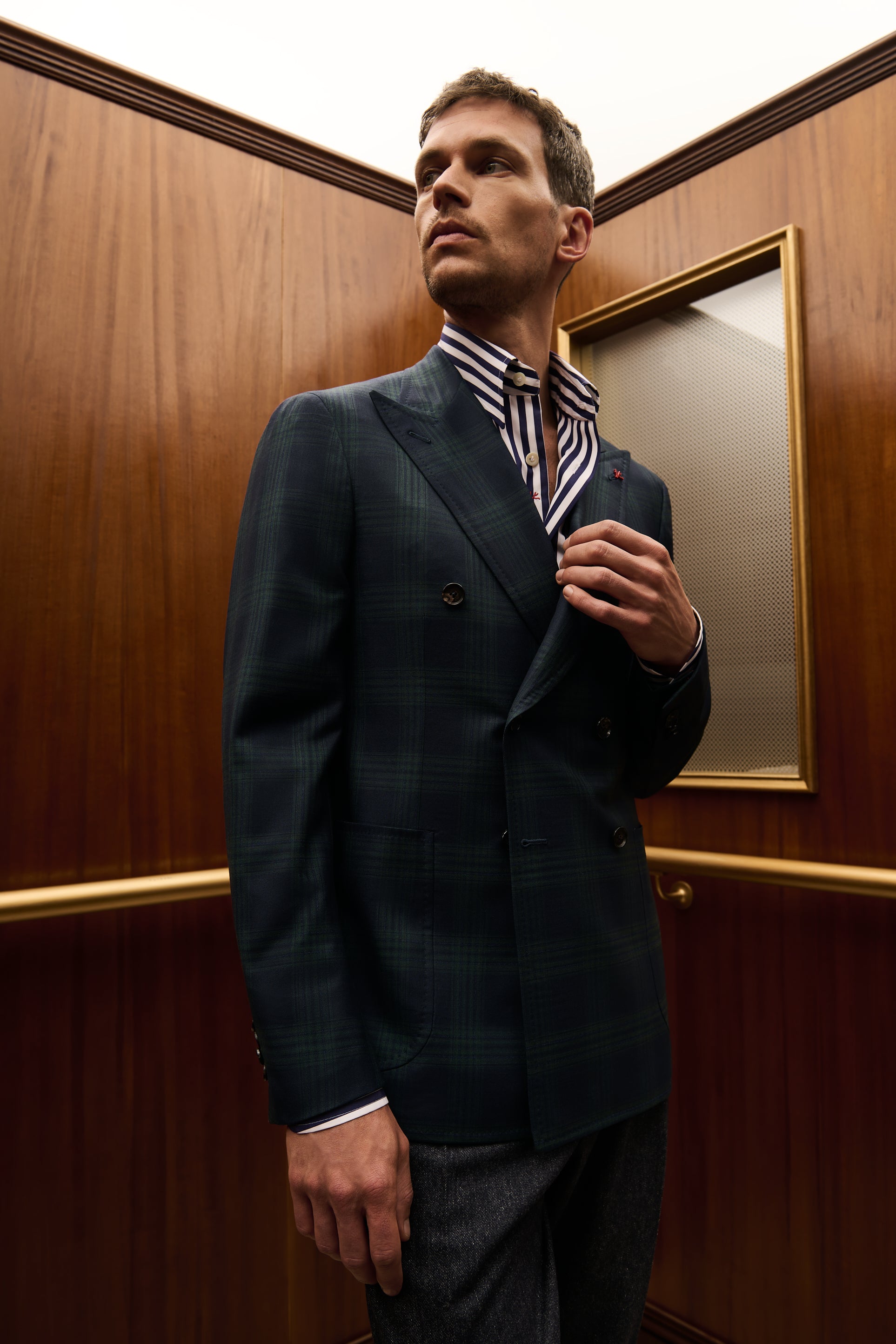 ISAIA Made to Measure: dark green check double-breasted jacket with striped shirt