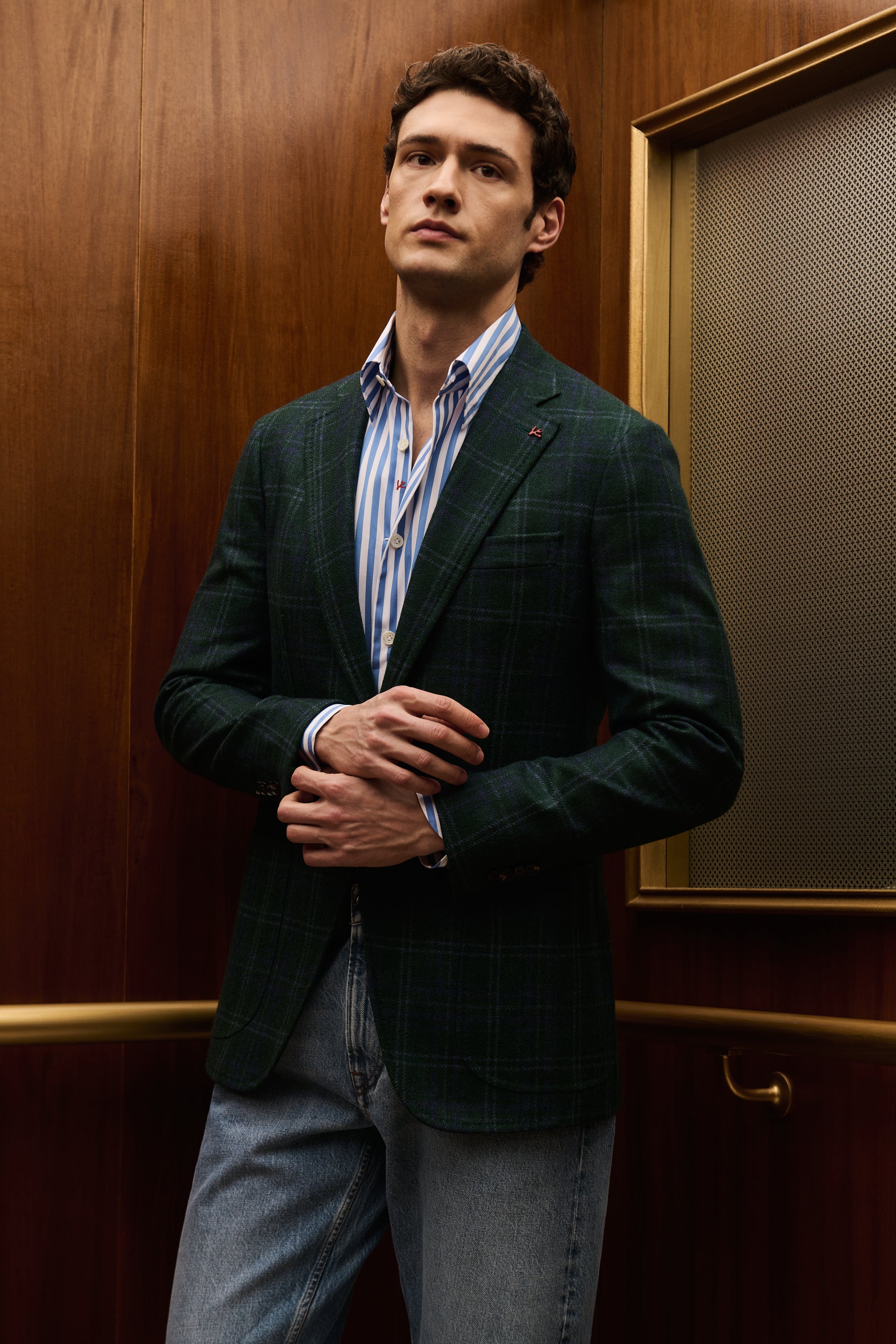 ISAIA Made to Measure: dark green check jacket with striped shirt and light blue jeans